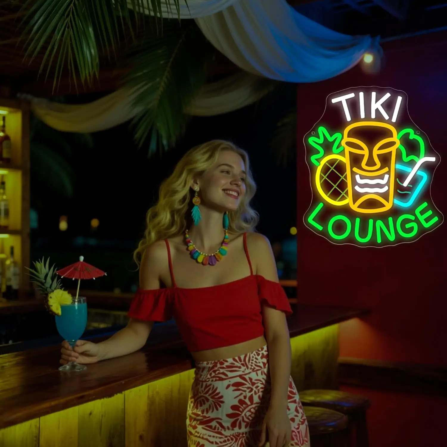 Tiki Lounge Neon Sign USB Dimmable LED Neon Light for Man Cave Beer Home Bar Store Beach Party Decor Christmas Birthday Gift