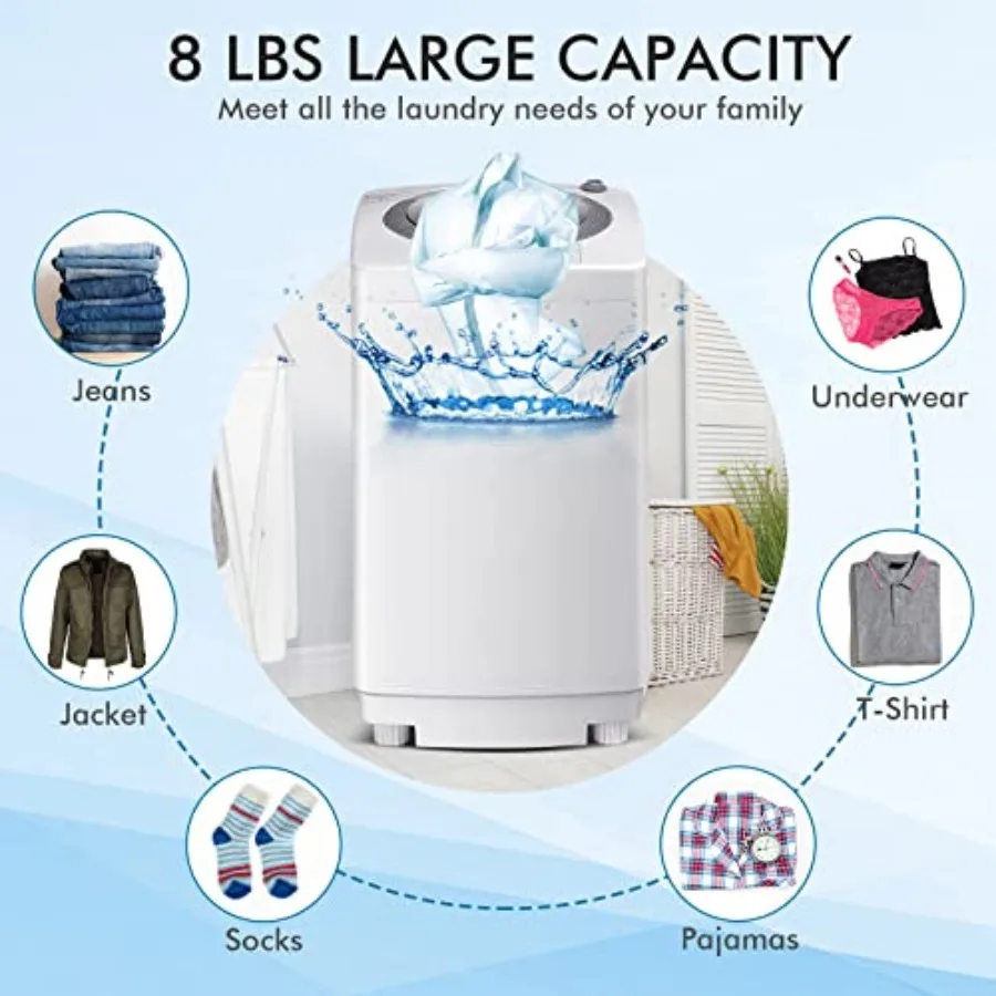 Portable Washing Machine 8Lbs Capacity Full-automatic Washer with 6 Wash Programs LED Display 3 Water Levels Compact Laundry Wa