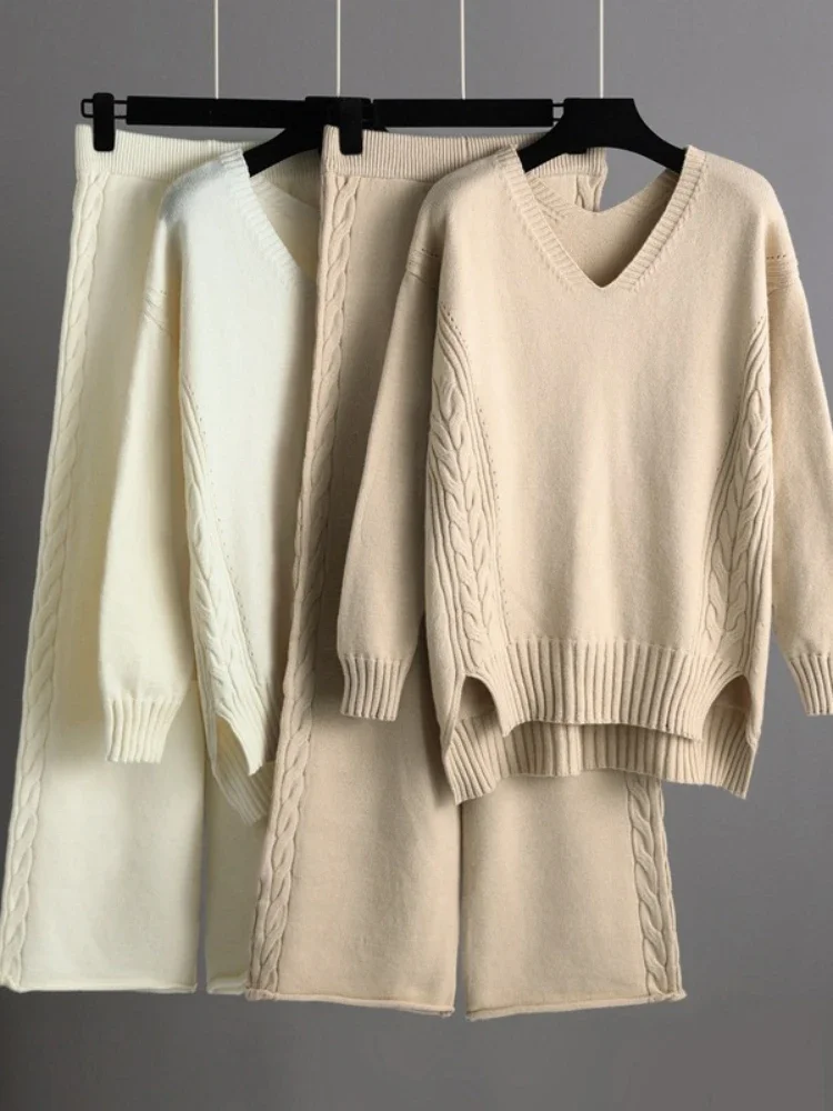 New Knitted Wide Leg Pants Sweater Set Korean Version Loose Sets for Women 2 Pieces Fashion Temperament New in Matching Sets