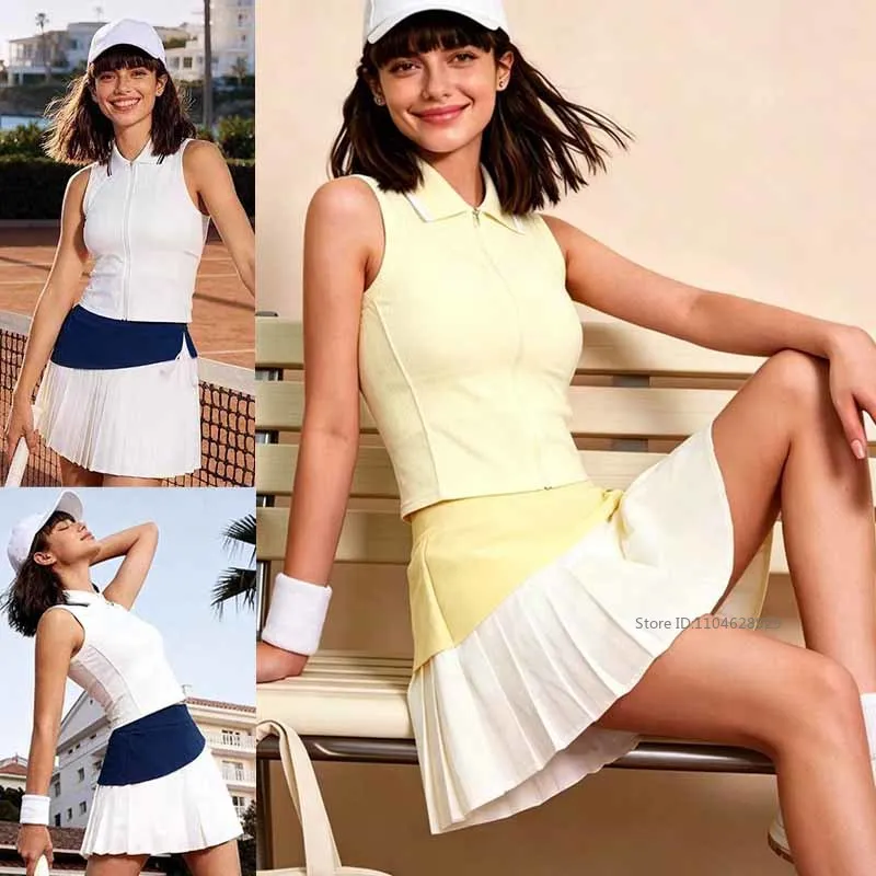 Women Tennis Outfit Zipper Slim Polo Shirt Gym Workout Tank Top Vest Lady A-lined Slim Skirts Pleated Badminton Skort with Short
