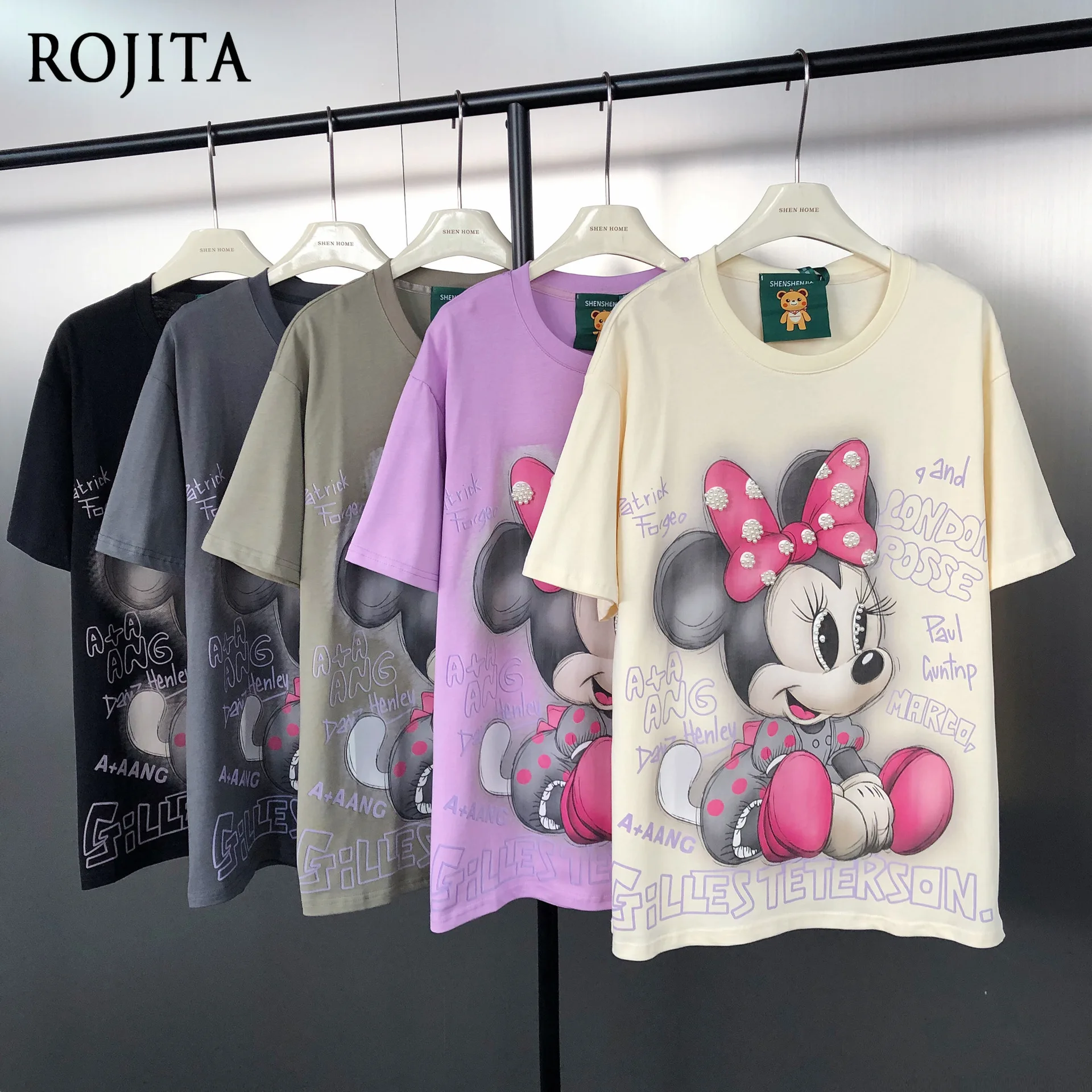 

Trendy Brand Fashion Loose Heavy Beaded Cartoon Print Mid-Length Round Neck Short Sleeve T-Shirt Kawaii Clothes Y2K Top
