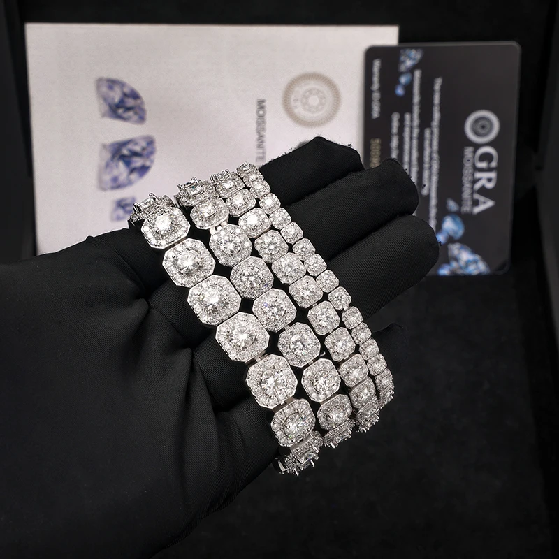 5mm-12mm Hip Hop Moissanite Paved Bling Iced Out Square Tennis Link Chain Bracelets for Men Rapper Jewelry Silver Color