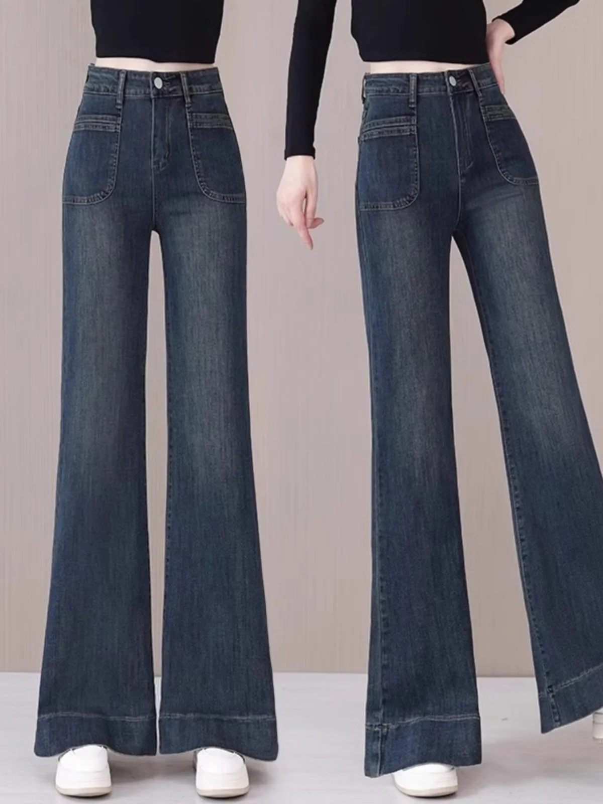Women's Wide Leg Denim Jeans Spring Autumn Fleece Lined Bell Bottom Loose Fit High Waist Long Straight Tube Pants