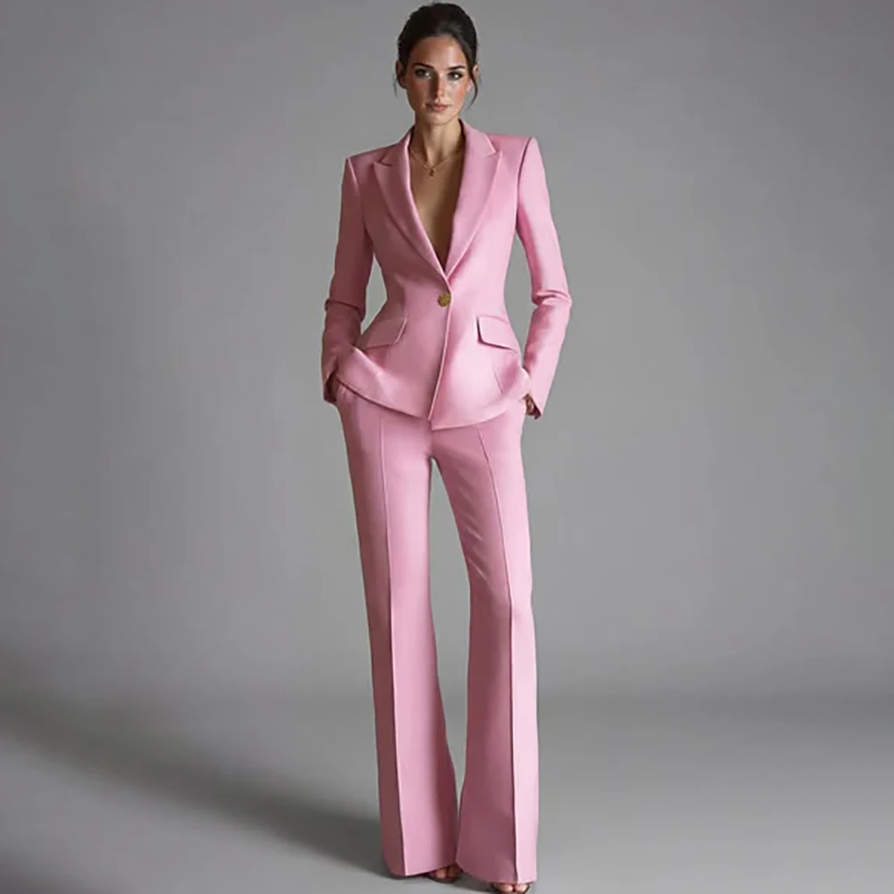 

Elegant Women's One-Button Jacket+Pants Suit Set Classic Pink Peaked Lapel 2 Piece Formal Business Wedding Guest Outfit