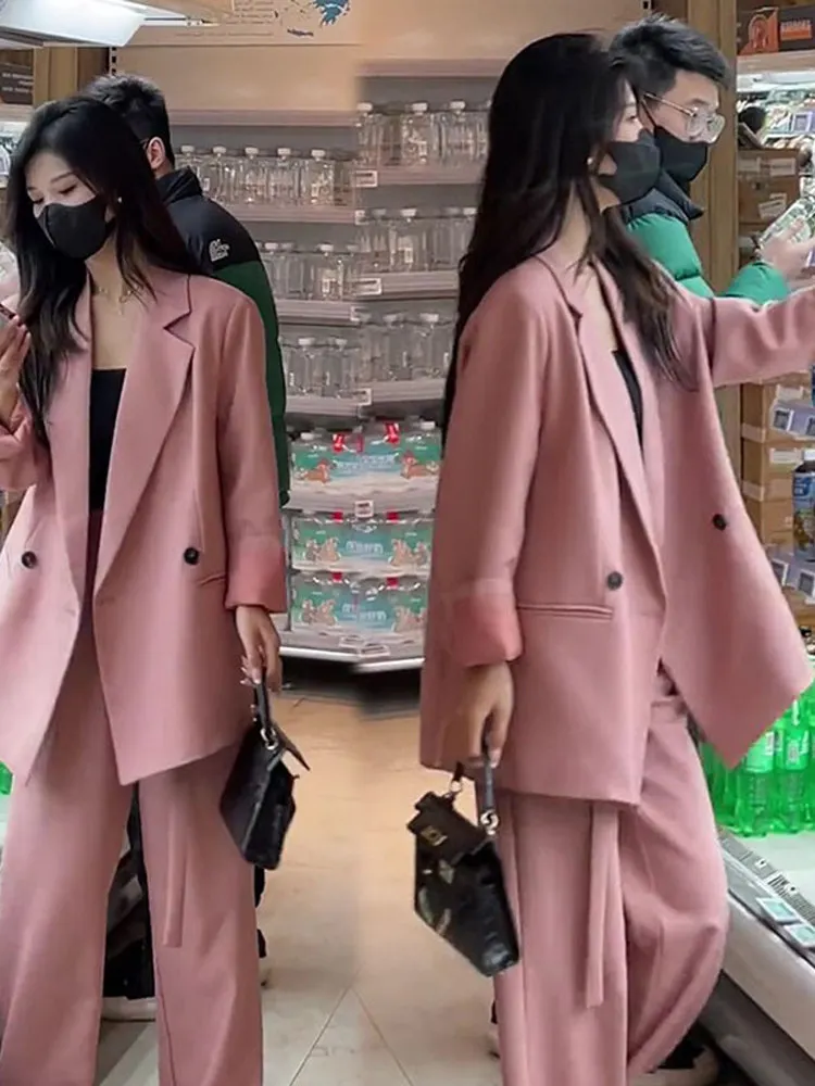 

Pink Small Fraance Sle Women's Suit Set High Waist Wide Leg Pants Jaet Two Piece Set Faionable Youthful Look
