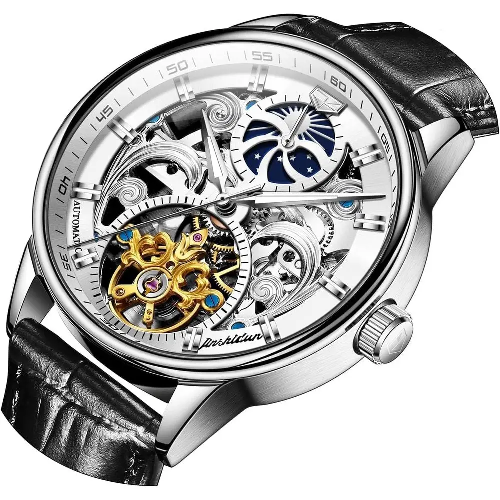 

Мужские автоматические механические часы OLEVS Gold Skeleton с автоподзаводом, роскошные, с блестящими бриллиантами, из нержавеющей стали, водонепроницаемые, светящиеся, наручные