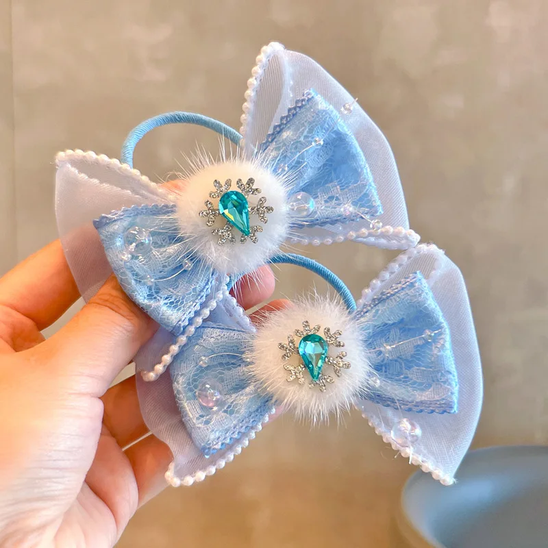 2PCS New Princess Lace Blue Bow Girls Kids Elastic Hair Bands Lovely Children Hair Ties Hair Accessories Baby Headwear