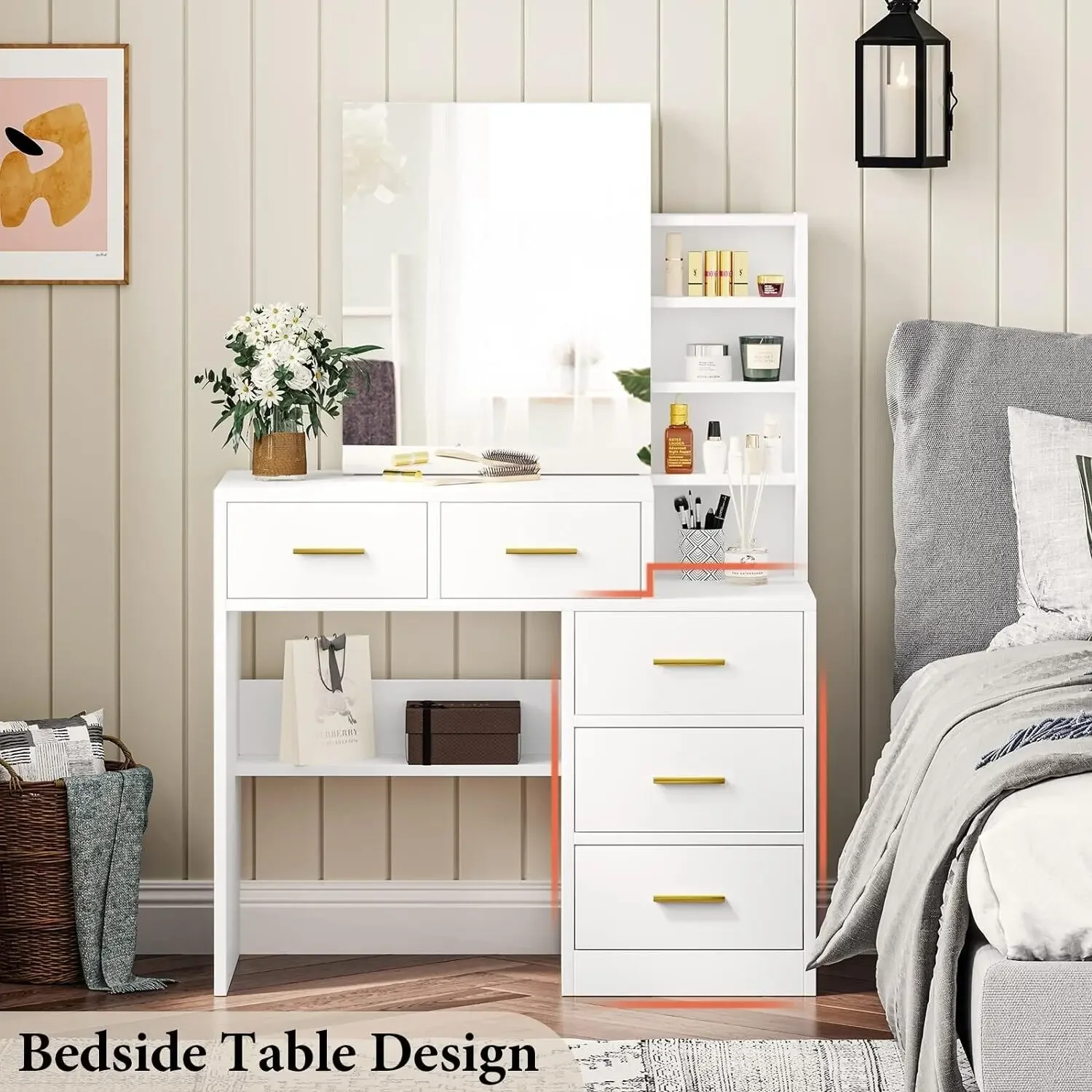 

B Click to enlarge Makeup Vanity with Sliding Mirror, Vanity Desk with Hidden &Open Storage Shelves