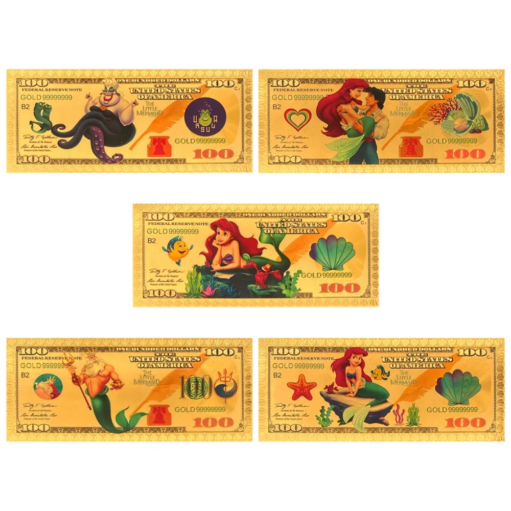 

5 Designs Famous DSN Princess Cartoon The Little Mermaid Golden banknote Anime ticket Creative Cards toy for Kids and lover