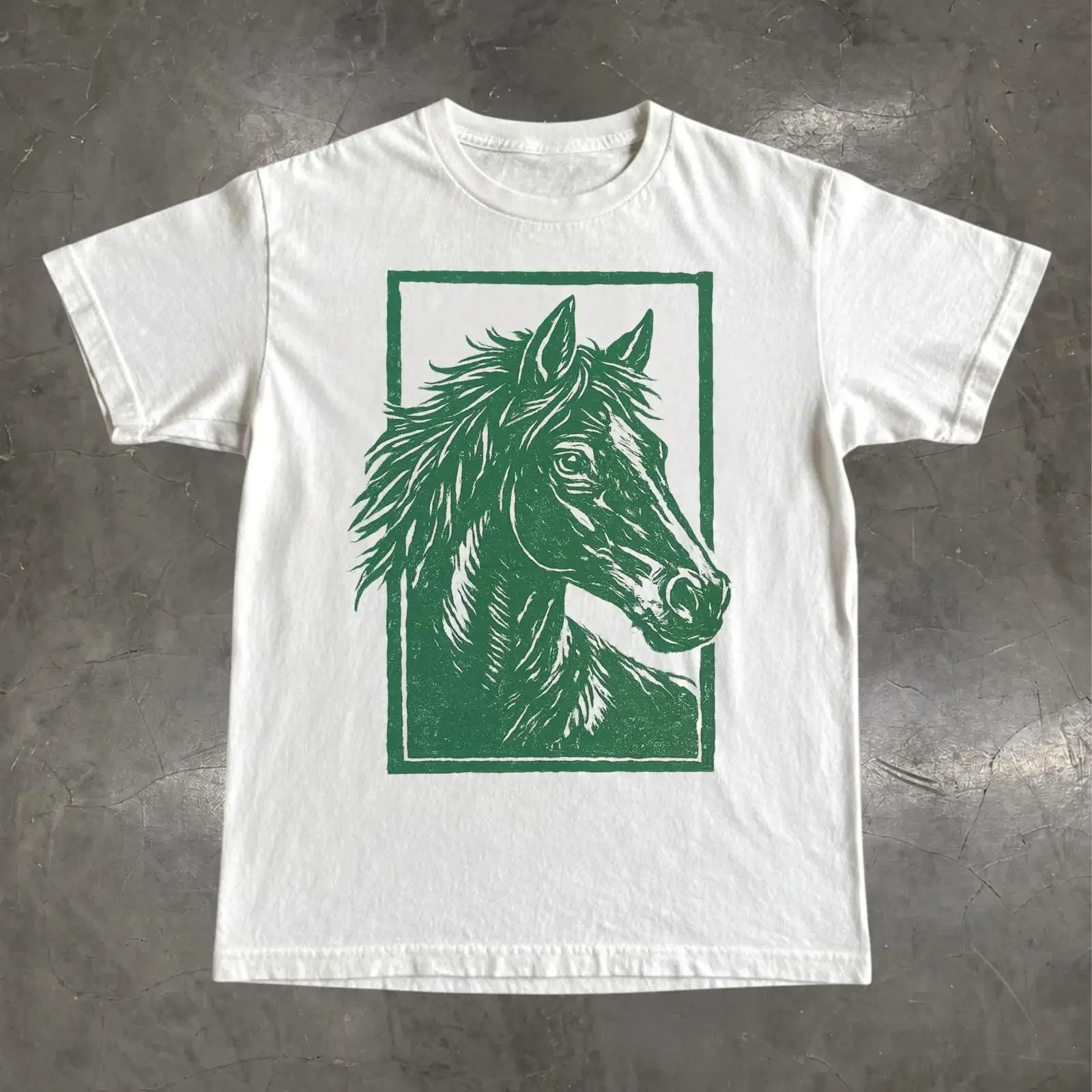 Horse T Shirt Vintage Linocut Equestrian Western Ranch Rider  vintage Washed Comfortable Unisex Casual designer clothes homme