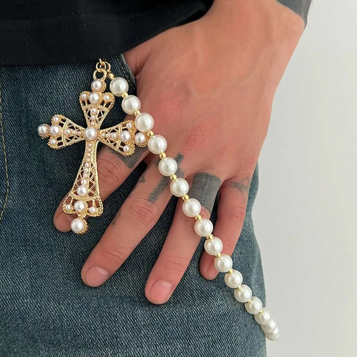 KunJoe الهيب هوب كبير يسوع الصليب قلادة السراويل سلسلة الرجال النساء العصرية تقليد اللؤلؤ الجينز الخصر سلسلة مجوهرات اكسسوارات اليومية