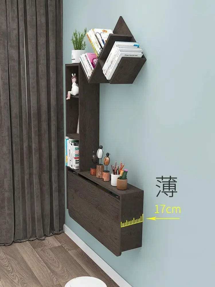 Wall mounted desk, bookshelf integrated suspended storage, foldable bedroom solid wood small unit study desk