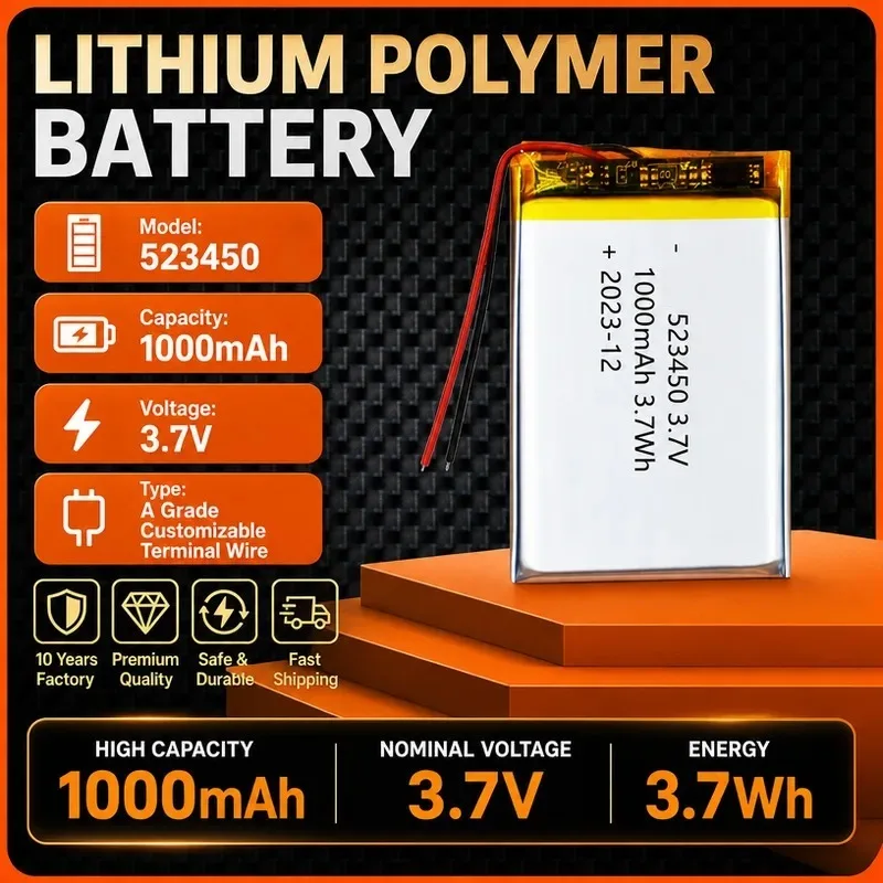 104pcs for Polymer Lithium Battery 523450 1000mAh 3.7V for Smart Lock LEDMakeup Mirror Driving Recorder Rechargeable Li-ion Cell
