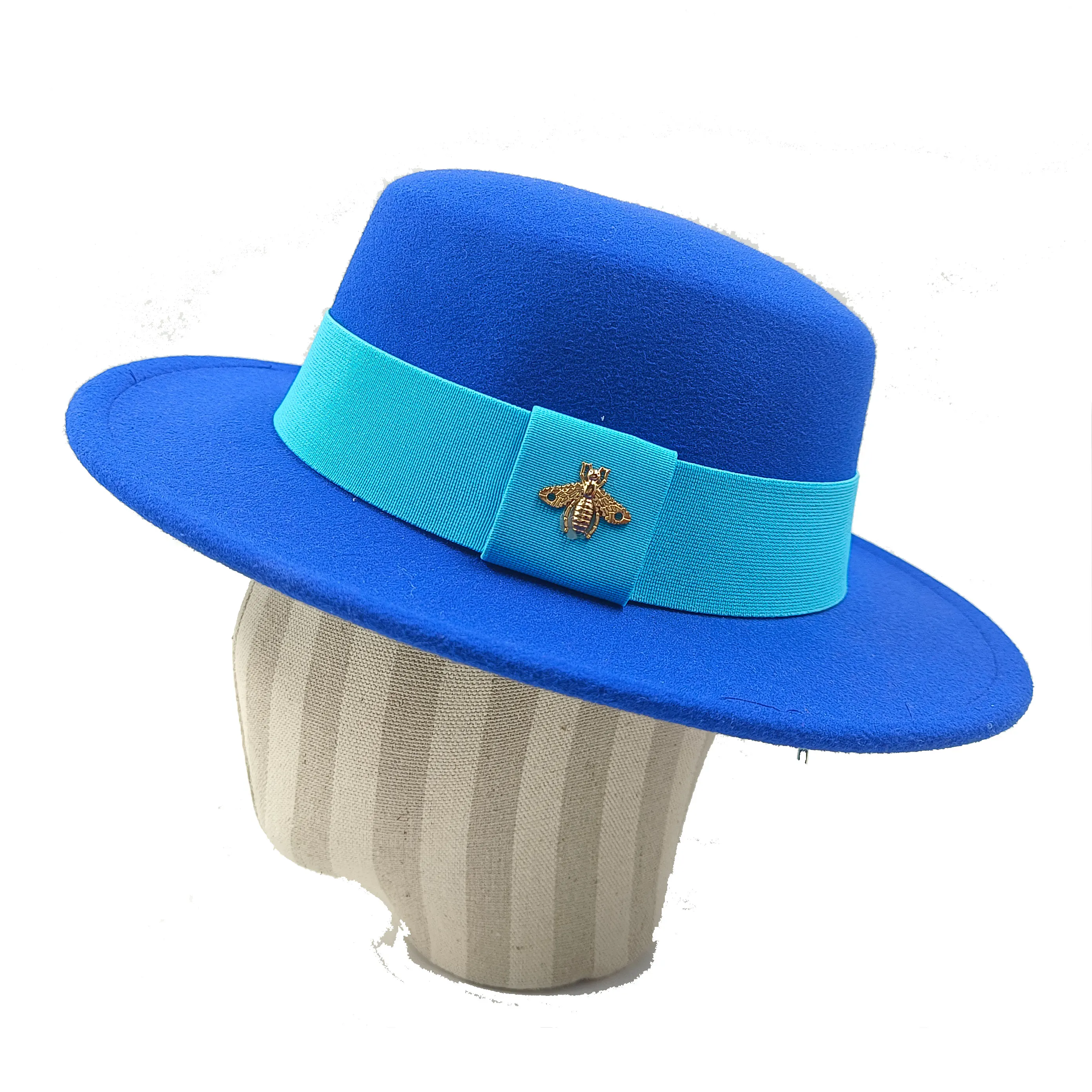 Fedora Autumn and Winter Hat Winter Round Flat Top Bow Elastic Band Men's and Women's Blue Jazz Hat Fedora шляпаженская