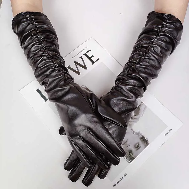 Winter Women PU Leather Pleated Pile Sleeve Touch Screen Gloves Sexy Silk Lining 50cm Long Full Finger Warm Driving Mitten K52