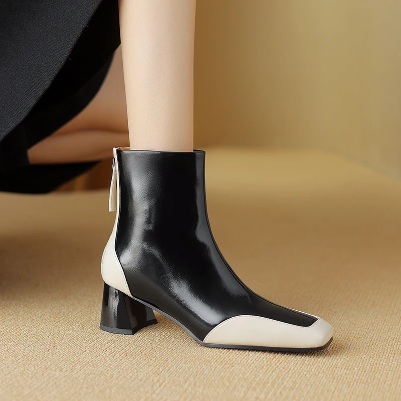 2024 New Autumn/Winter Women Boots Genuine Leather Fashion Women Shoes Square Toe High Heel Shoes for Women Modern Short Boots