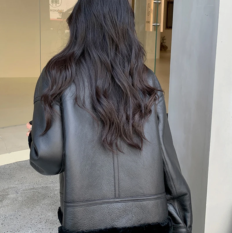 معاطف شتوية من الفرو للسيدات باللون الأسود مع سحاب فضفاض للدراجات النارية معطف صوف ميرينو من الجلد والفرو سترة نسائية من Abrigos Mujer #6