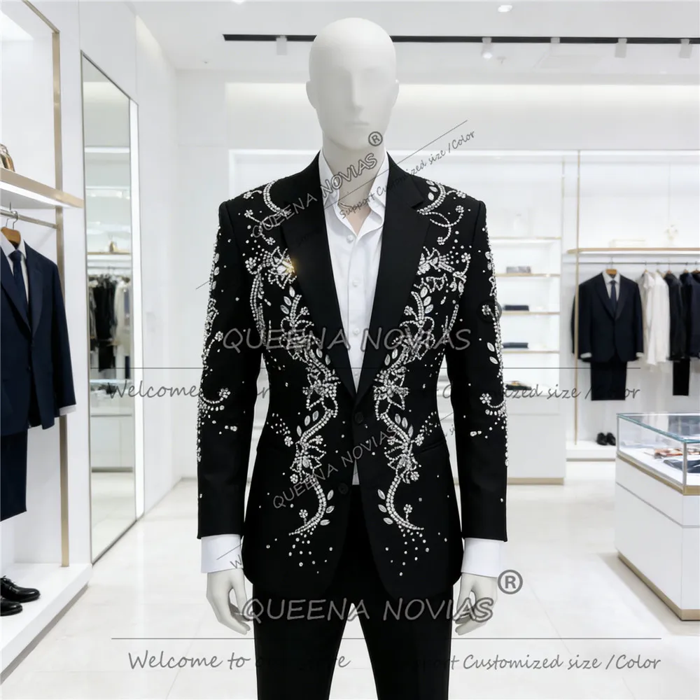 بدلة رجالية فاخرة مزينة بالكريستال، سترة وبنطلون بقصة ضيقة، طقم من قطعتين للعريس، بليزر للحفلات الرسمية، ملابس رجالية