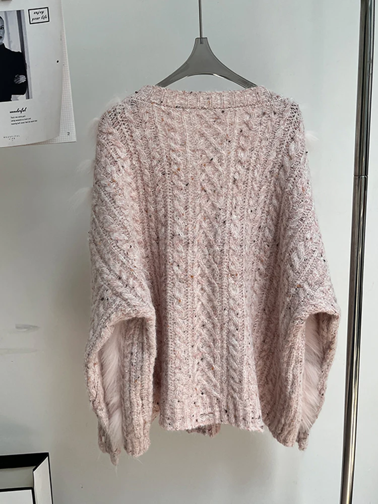 2025年春と秋のレディースファッション、本物のキツネの毛皮の装飾が施されたレディースセーターニットのシングルブレストコートアウター