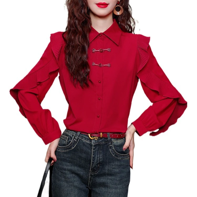 

Осенняя женская красная шифоновая блузка в китайском стиле, рубашка на пуговицах с длинными рукавами и листьями лотоса, элегантный верх