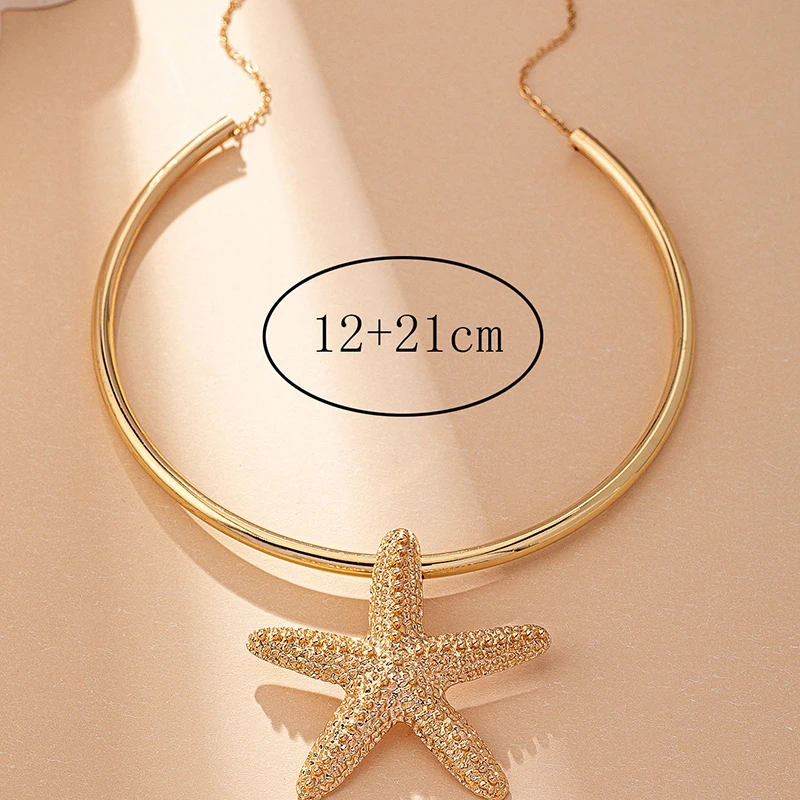 Modern Jewelry Accessories Gold Color Metal Statement Earrings and Adjustable Neck Choker Starfish Pendant Necklace for Women