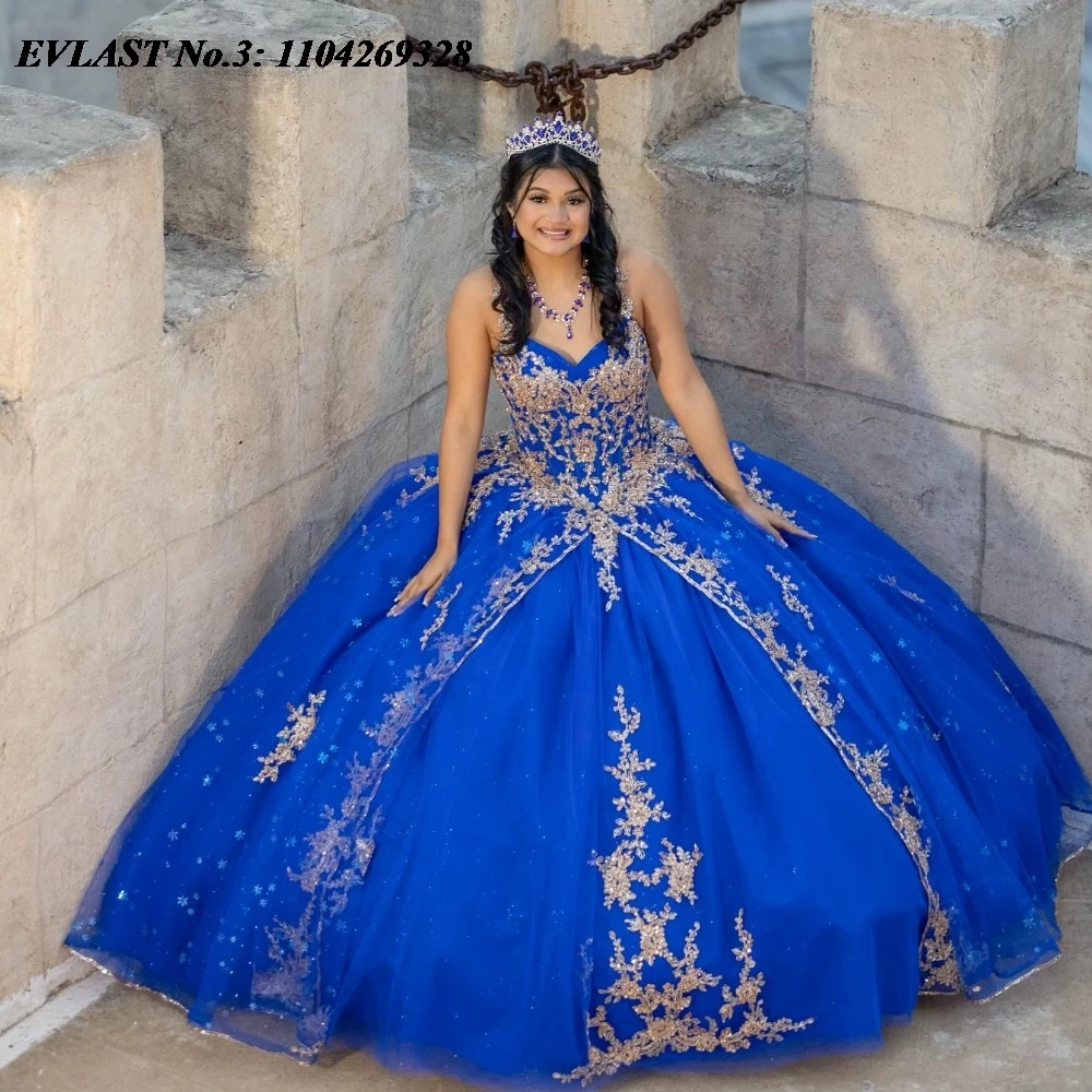 EVLAST индивидуальное королевское синее платье Quinceanera, бальное платье, золотое кружевное платье с аппликацией и бисером, милое платье 16, Vestidos De 15 Anos E3Q554