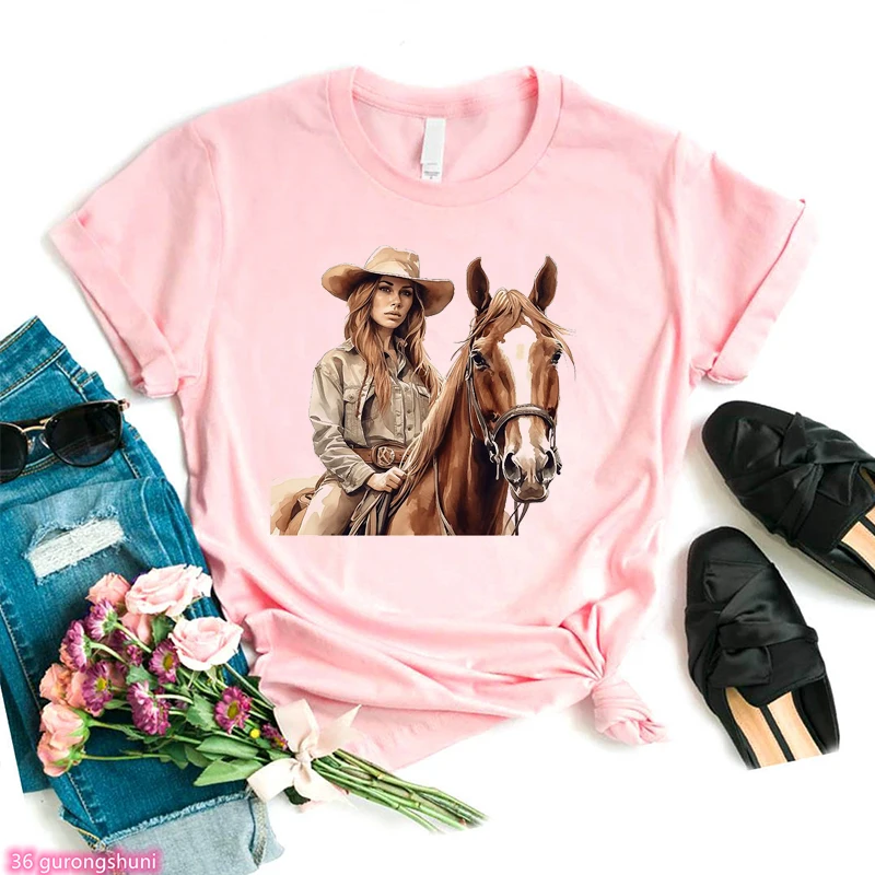 Tee Shirt Femme Fashion Girl Ride A Horse Theme Print Women'S T-Shirt Summer Harajuku Shirt White Short Sleeve Top Wholesale