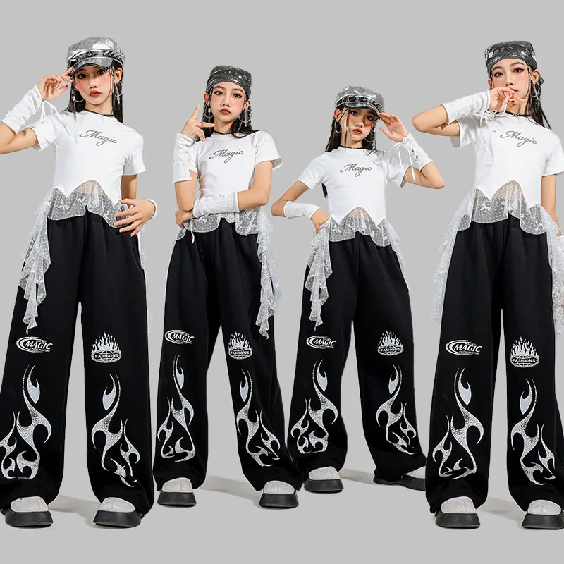 

Kid Kpop Hip Hop Clothing White Stoned Lace Hem T Shirt Black Casual Flame Wide Sweat Pants for Girl Jazz Dance Costume Clothes
