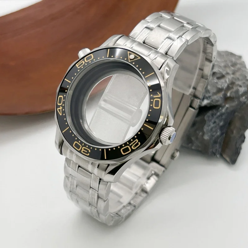 Vidrio Mineral de acero inoxidable plateado de 42mm para Omg300 NH35 NH36 NH70 funda deportiva impermeable para hombre banda de acero bisel cerámico sin logotipo