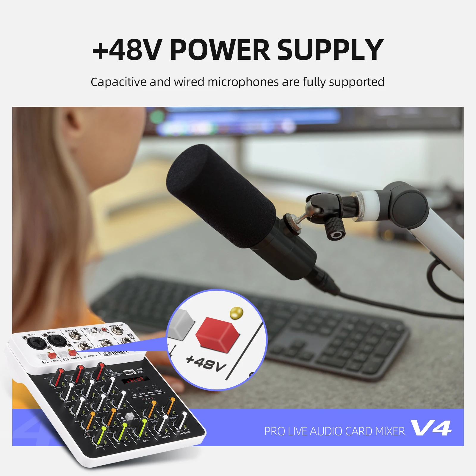 Froket V4 Audio Mixer DJ-Controller Mischen Bluetooth Phantom Power Delay Repaeat-Effekt für Sound Mixing Console PC-Aufnahme