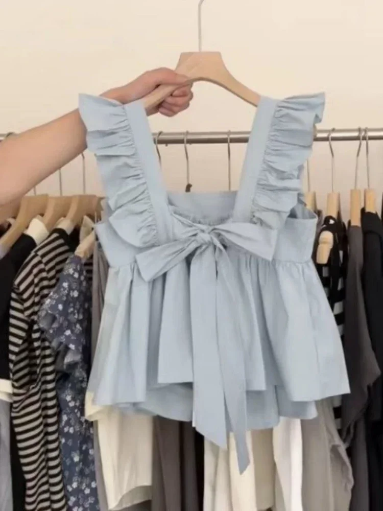 

Sweet Blouses Women Clothing Flying Sleeve Bandage Bow Shirts 2025 Blusas Mujer De Moda Ruffles Fashion Summer Loose Crop Tops