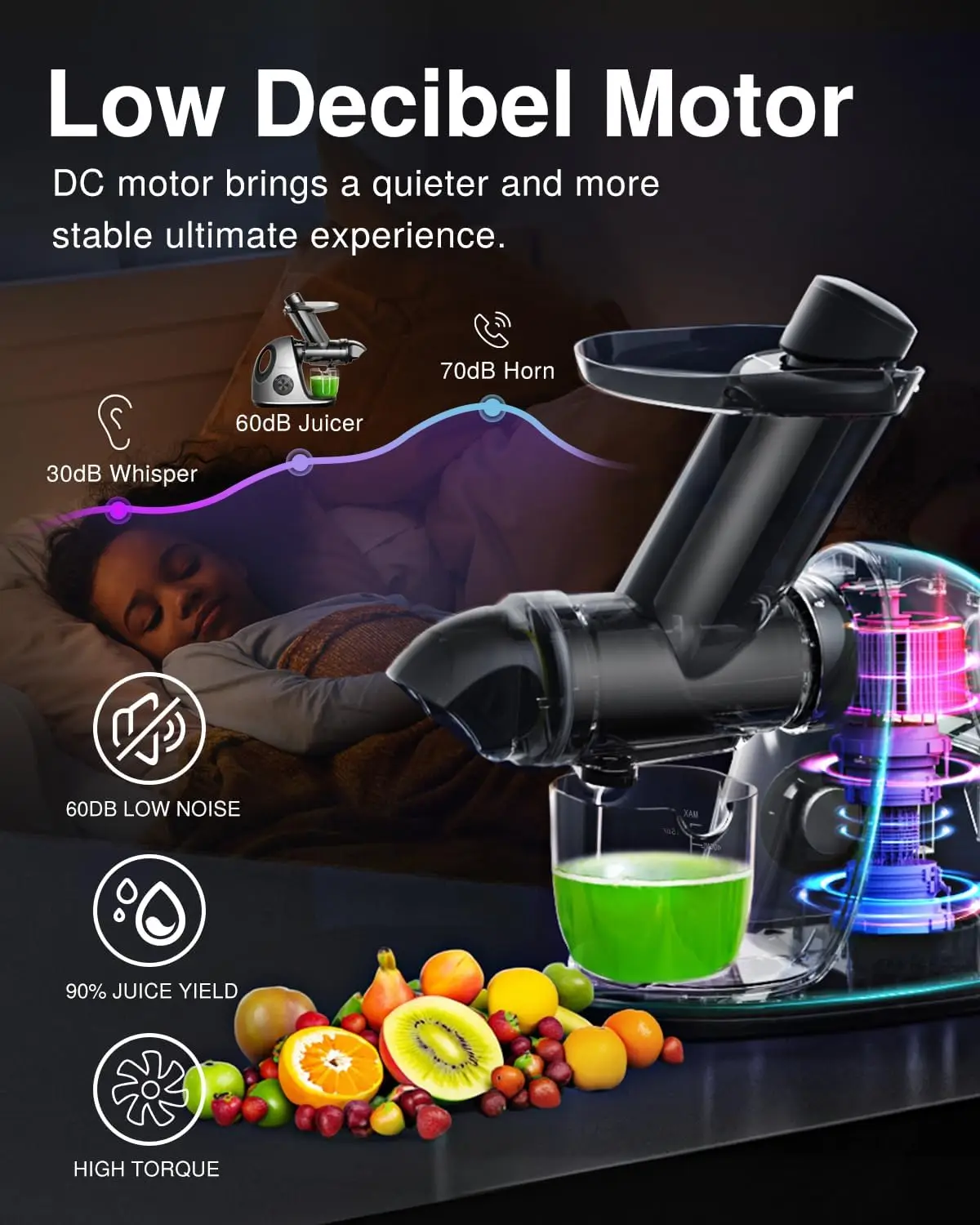 HAOYUNMA Juicer Machines, Masticating Juicer machines with 3-Inch Wide Chute, 2-Speed Modes & Reverse Function