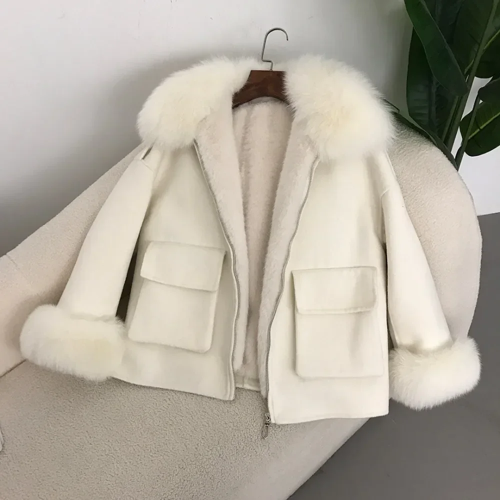 Double-sided Wool Coat Removable Inner Liner 2024 Autumn Winter Plus Fleece Short Fur Jacket Fox Fur Collar Jacket Real Fur Coat