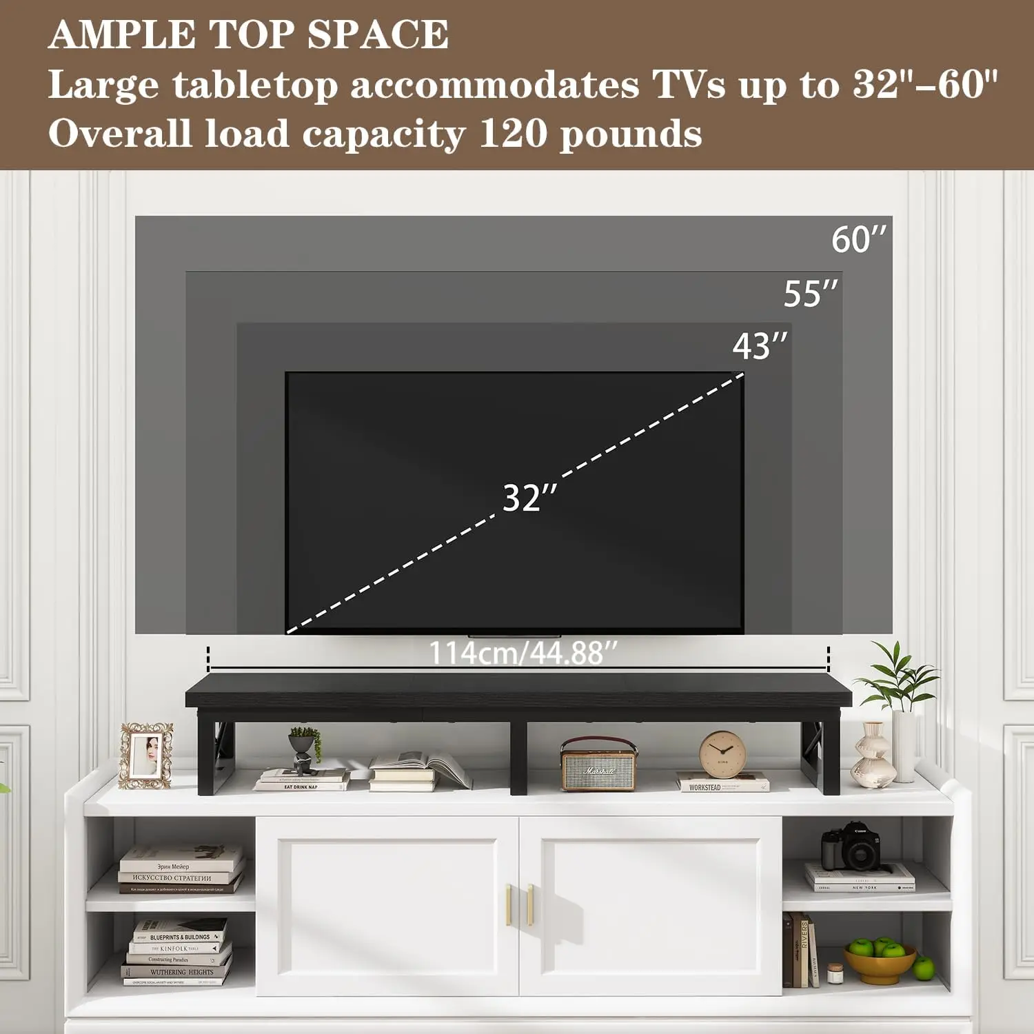 45' Large TV Riser for 32-60 inch TV,Tabletop Short TV Stand with Storage and Steel Legs,Dual Screen Office Desk,Stand Riser