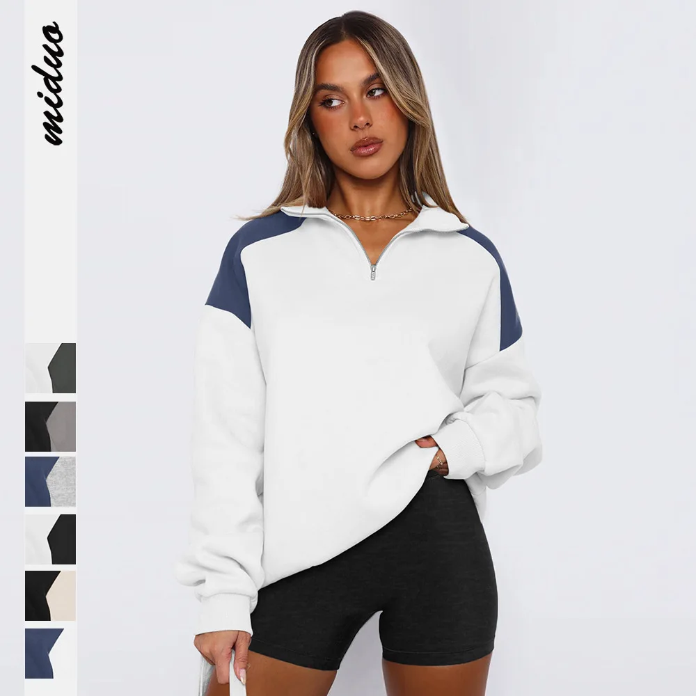 

Women's Sweatshirt Spring Autumn Female Contrast Half Zipper Oversize Pullover Lady's Baseball Jacket Tops Women's Sweat Tops