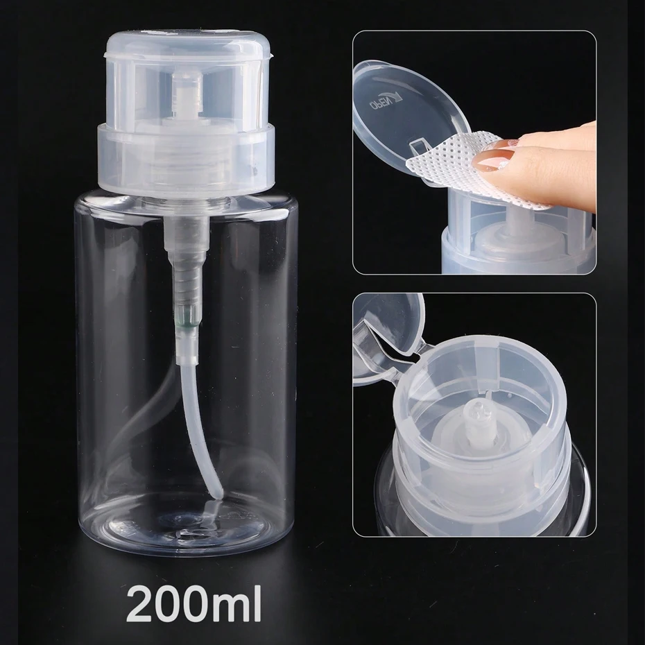 200ML Empty Pump Liquid Alcohol Press Nail Polish Remover Cleaner Bottle Nail Refillable Bottle Dispenser Manicure Container