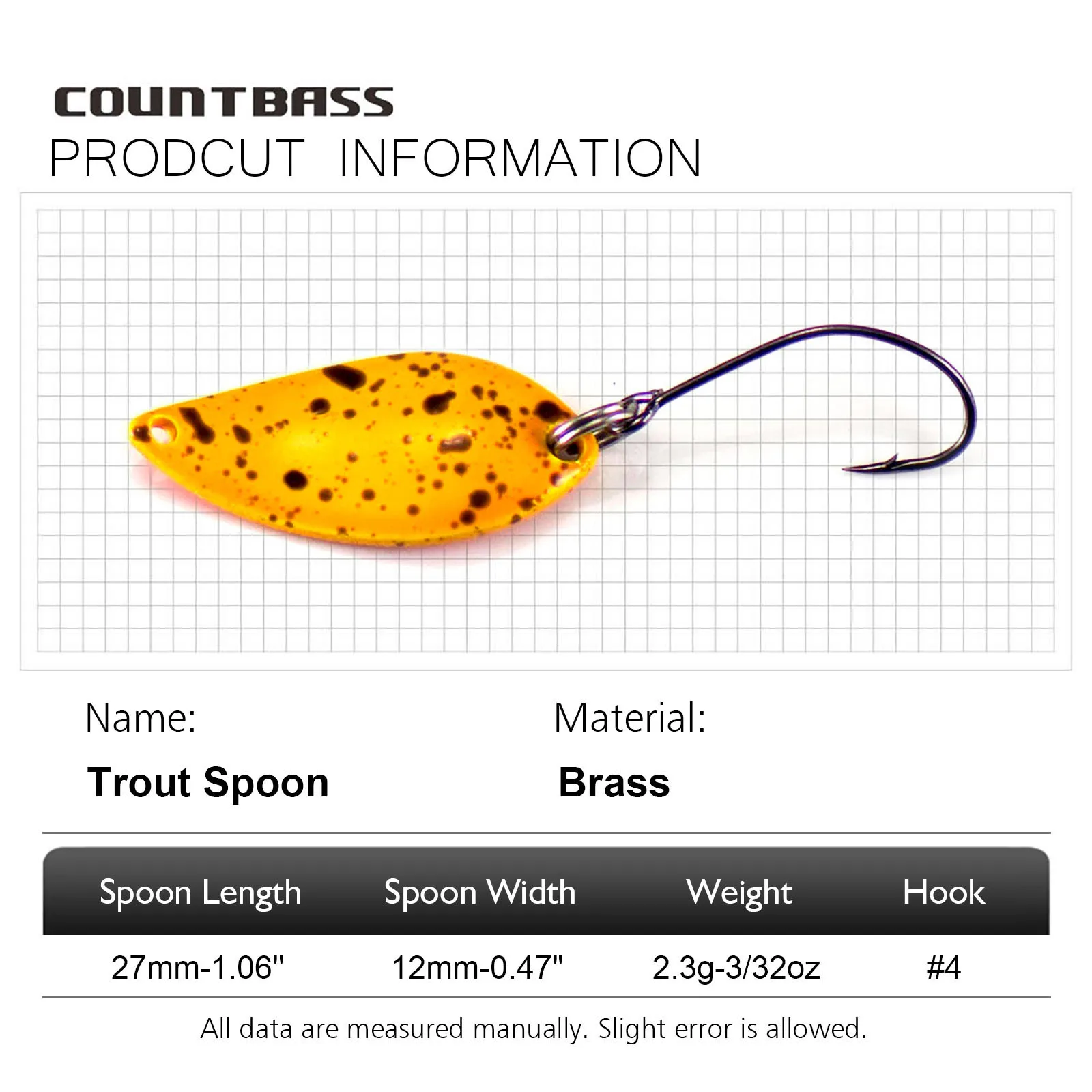 COUNTBASS Brass Casting Spoon 2.3g  3/32oz With Korean Single Hook Salmon Trout Pike Fishing Lures, Crappie Fish Bait