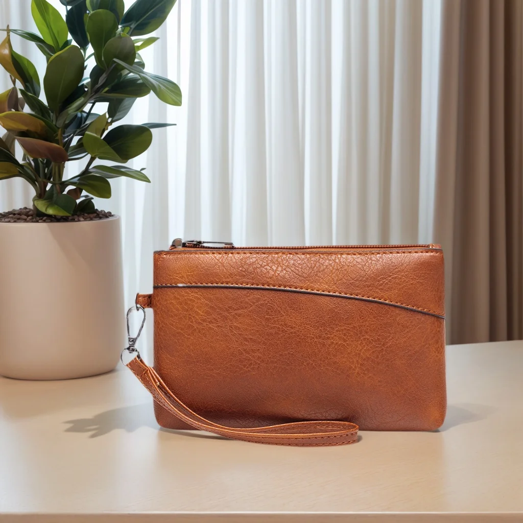 Women's Zipper Pure Classic Retro Oil Wax PU Leather Wrist Bag Rectangular Solid Color Change Coin Bag