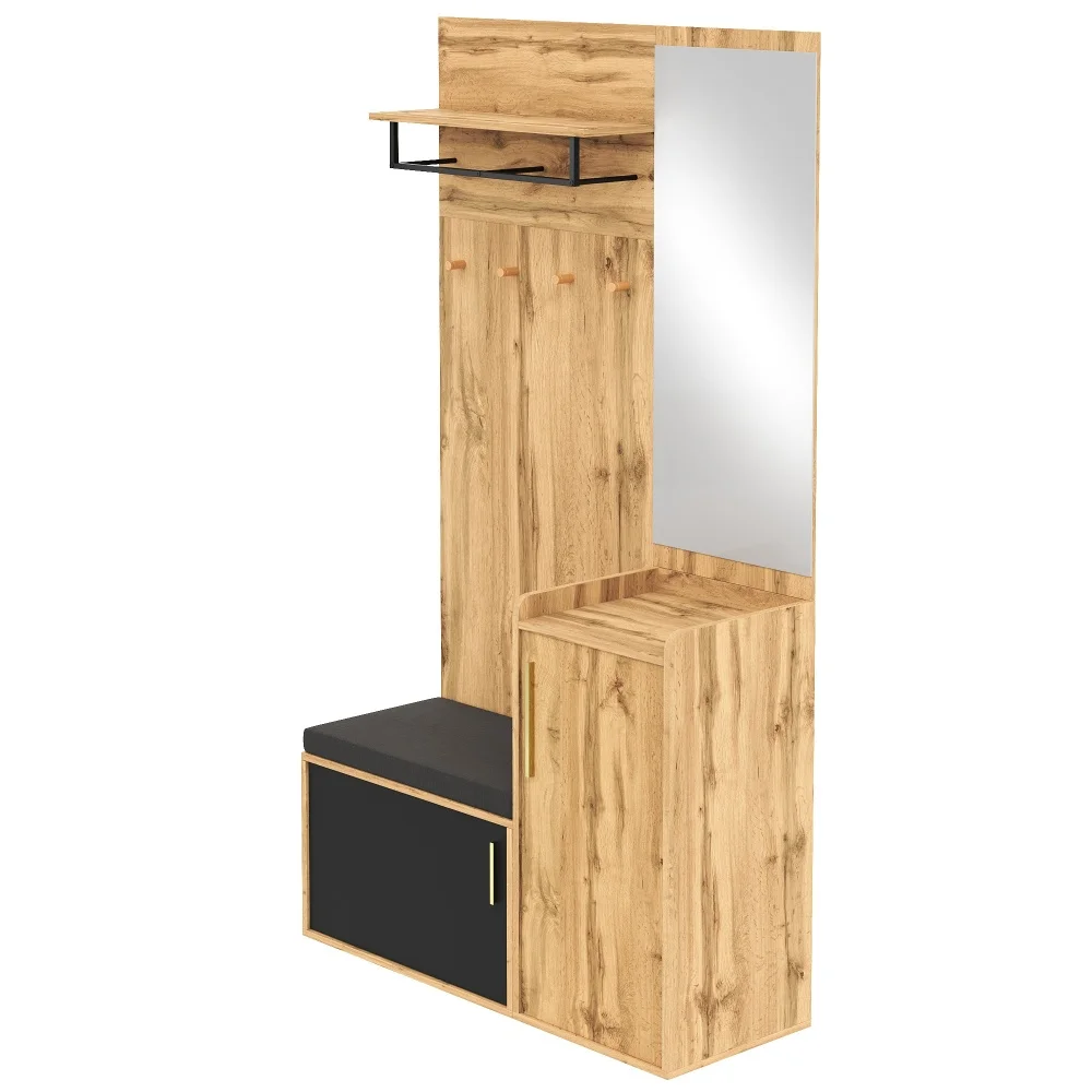 PINGGO Kompakter Kleiderschrank mit Spiegel und Sitzfläche, Kleiderschrank mit Schuhregal und Haken, kompakter Kleiderschrank, der an der Wand bohren muss – Detail 19