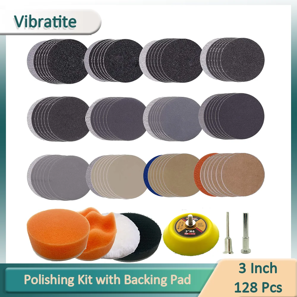 

3 Inch Sandpaper Kit 128 Pcs Abrasive Wet Dry Sander Sheets with Shank Backer Plate and Soft Foam Buffering Pad Grinding Sponge