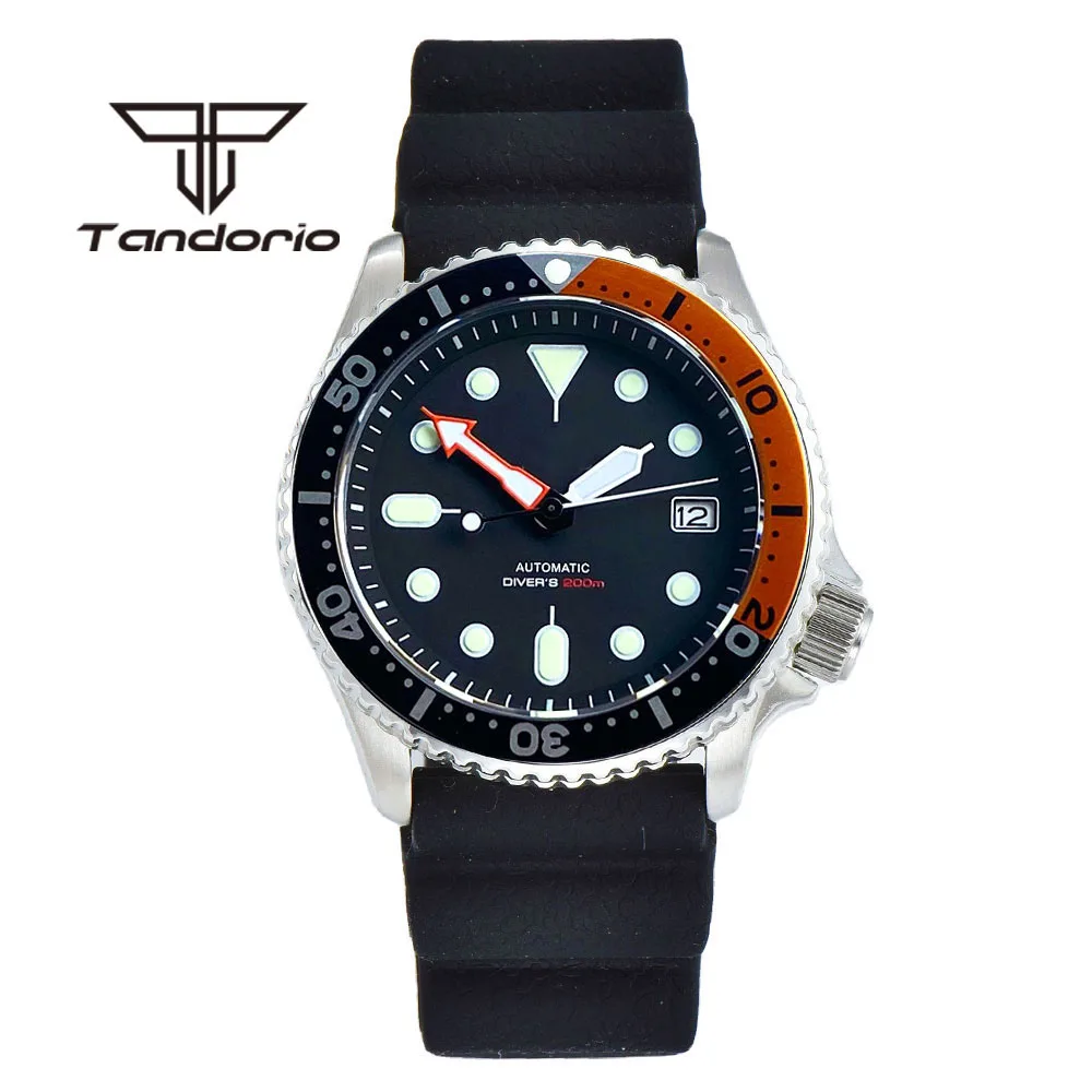 Imagem -02 - Tandorio-relógio de Mergulho Automático Masculino Mostrador Preto Luminoso Cristal Safira Aro Rotativo Pulseira de Borracha Data 41 mm 200m Nh35a