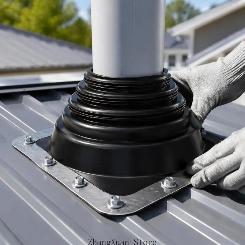 Abgasleitungs-Dacheinfassungsbaugruppe mit quadratischer Metallbasis und flexibler Stufenmanschette für Installationsarbeiten – Detail 3