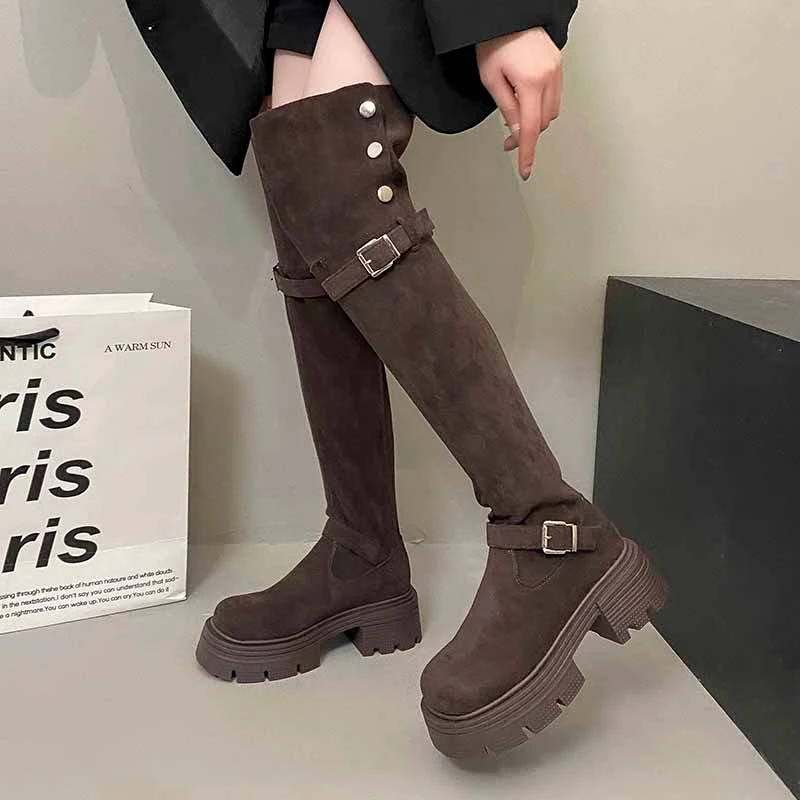 

Женские высокие сапоги выше колена, модная обувь на высоком каблуке, замшевые дизайнерские женские зимние сапоги, новинка 2025, роскошные массивные Mujer Botas