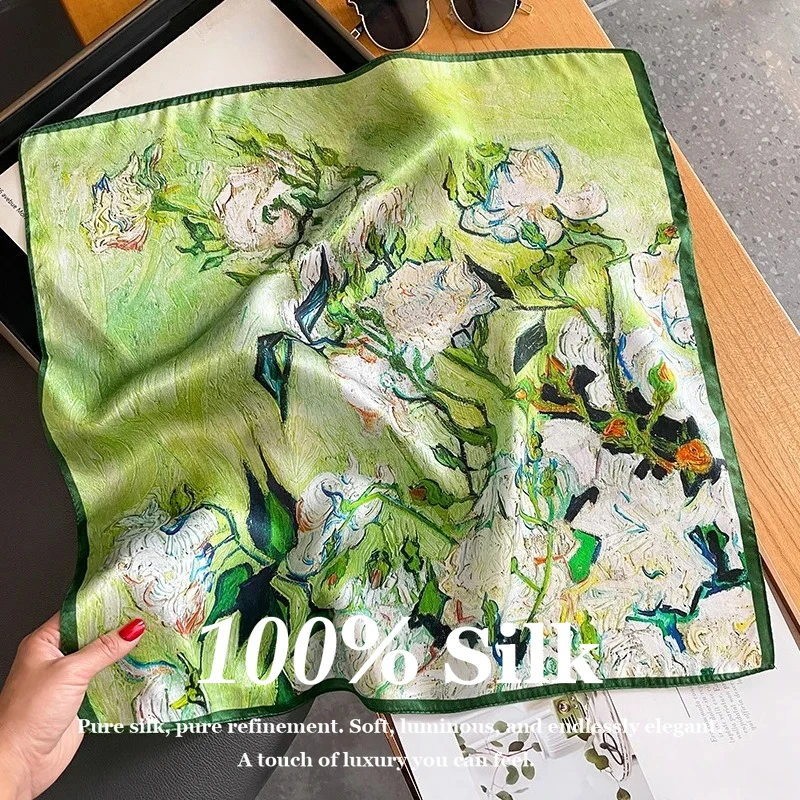 

Новый шелковый платок из 100% тутового шелка с рисунком в стиле масляной живописи, модный женский квадратный платок, хиджаб, головной платок, повязка для волос, бандана, аксессуар для сумки, фулярд