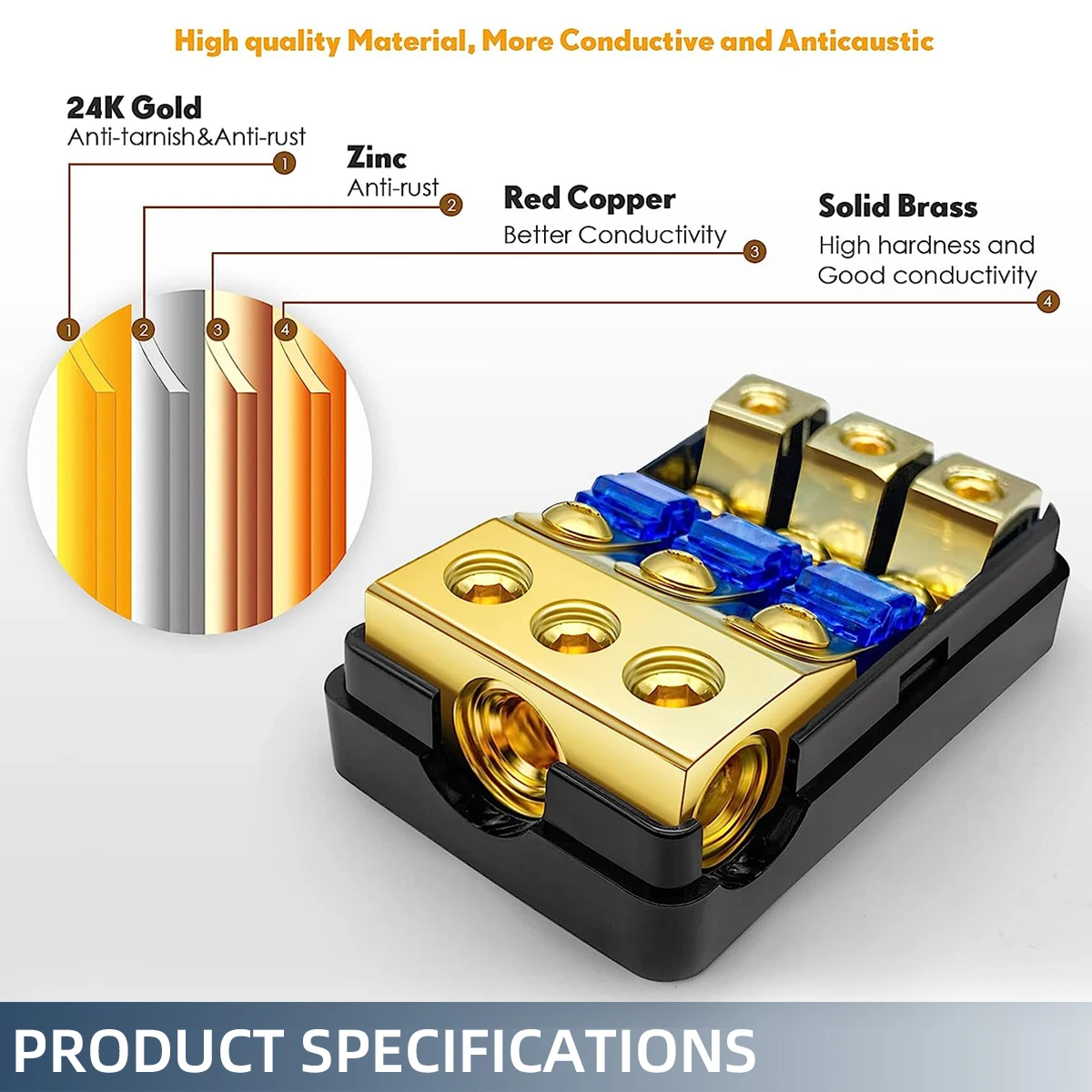 2/3/4 Way Mini ANL Fuse Holder, Copper 0/2/4 Gauge to 4/6/8 Gauge 60 Amp Fuse Distribution Block for Car Audio Stereo Amplifier