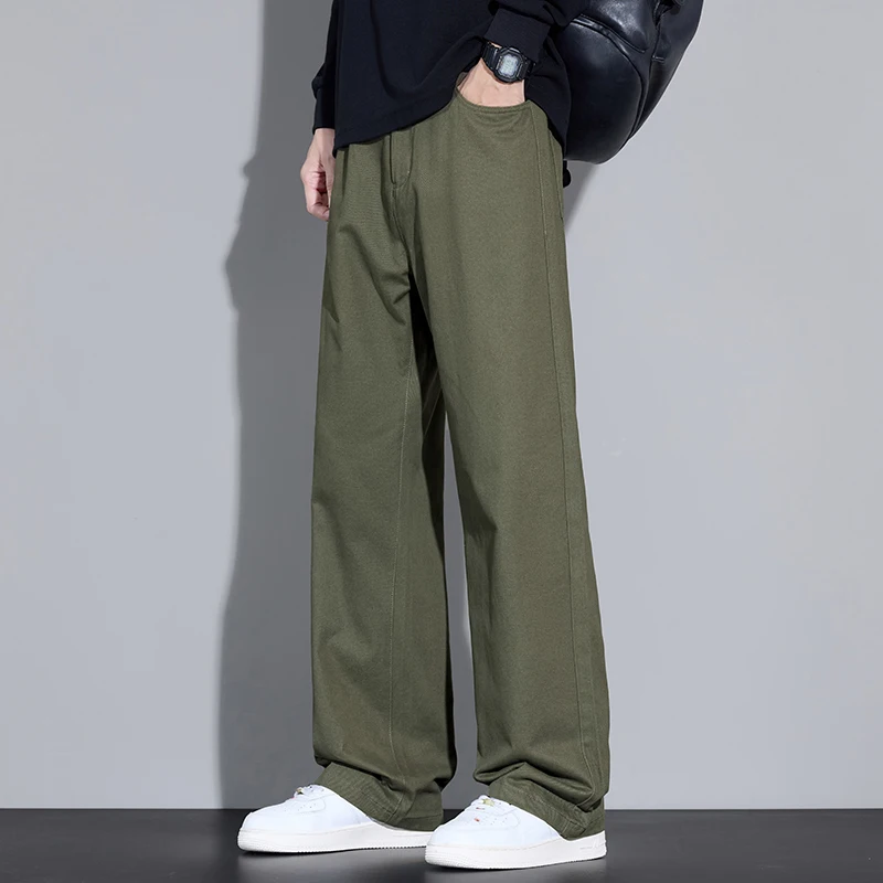 100% القطن الرجال فضفاض واسعة الساق السراويل لينة تنفس فضفاض مستقيم بناطيل كاجوال ربيع الخريف موضة الكورية الشارع الشهير