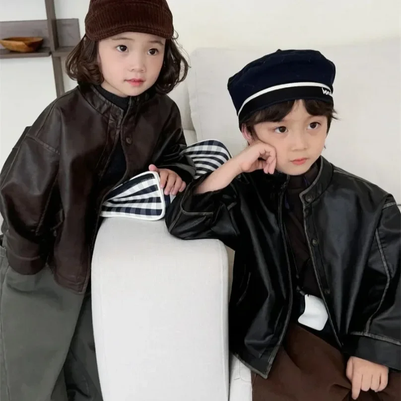 

New Jacket Children Clothing Leather Clothing Loose Coat Baby Forest Motorcycle Uniform 2024 Fashion Autumn Open Stitch