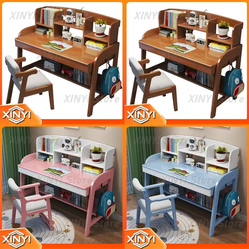 Children's Study Desk Chair Set for Kids Room Adjustable Height Solid Wood Bookshelf for Elementary School Home Furniture for