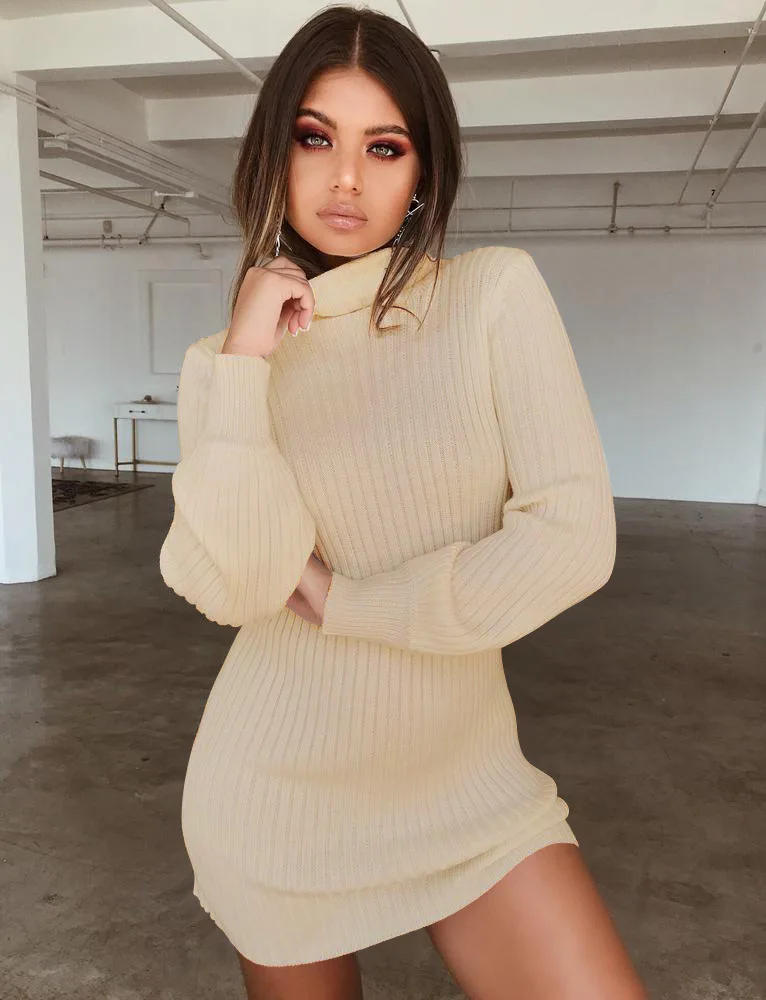 New Fashion Woman Solid Color Turtleneck Long Sleeve Loose Knitted Sweater Dress Women Casual Winter Slim Mini Sweater Dress
