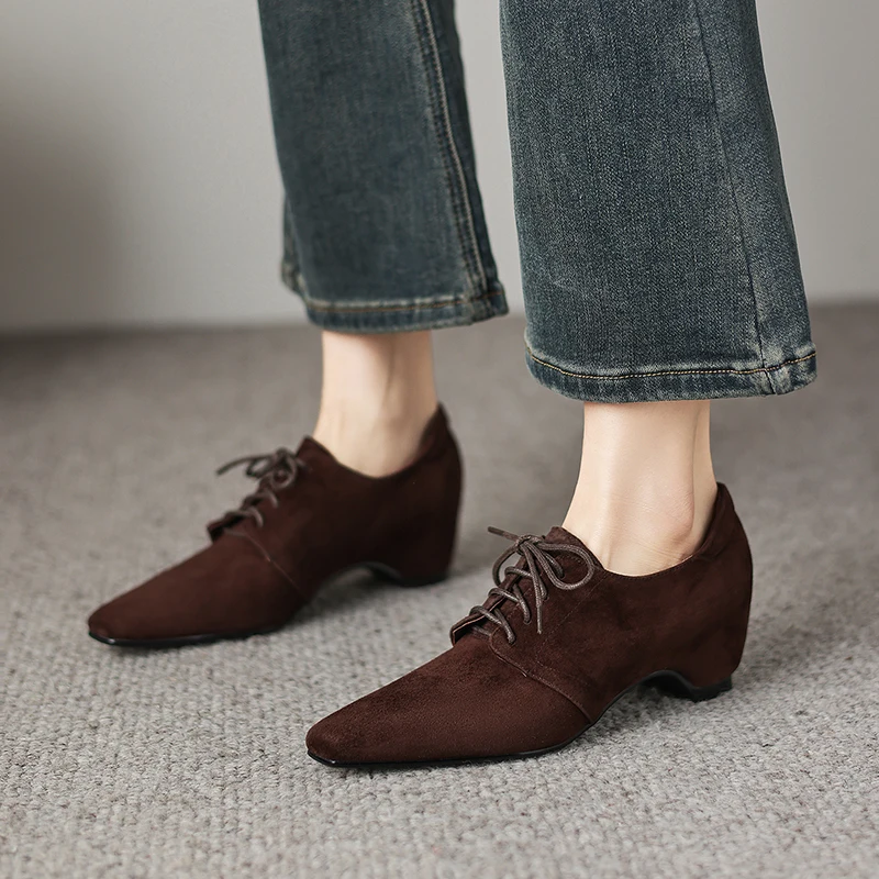 

2026 New Spring Genuine Leather Cow Suede Women Shoes Fashion Retro Square Toe High Heel Women Pumps Loafers Handmade Lace Shoes